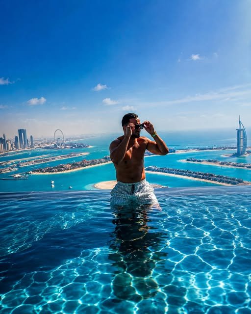 Addam Sattar in a rooftop pool in Dubai